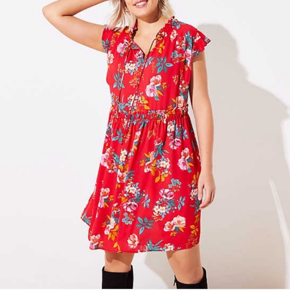 LOFT plus Floral Smocked Tie Neck Swing Dress
